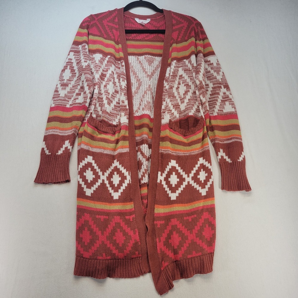 No Boundaries Cardigan Womens XL Rust Pink Southwestern Geometric Open Front